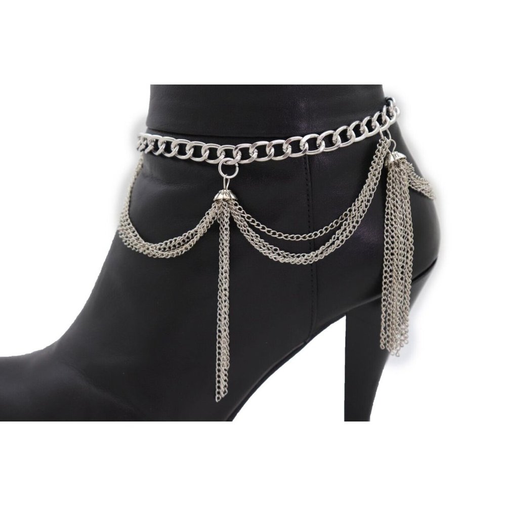 Women Silver Metal Chain Boot Bracelet Anklet Shoe Side Wave Tassel Fringe Charm